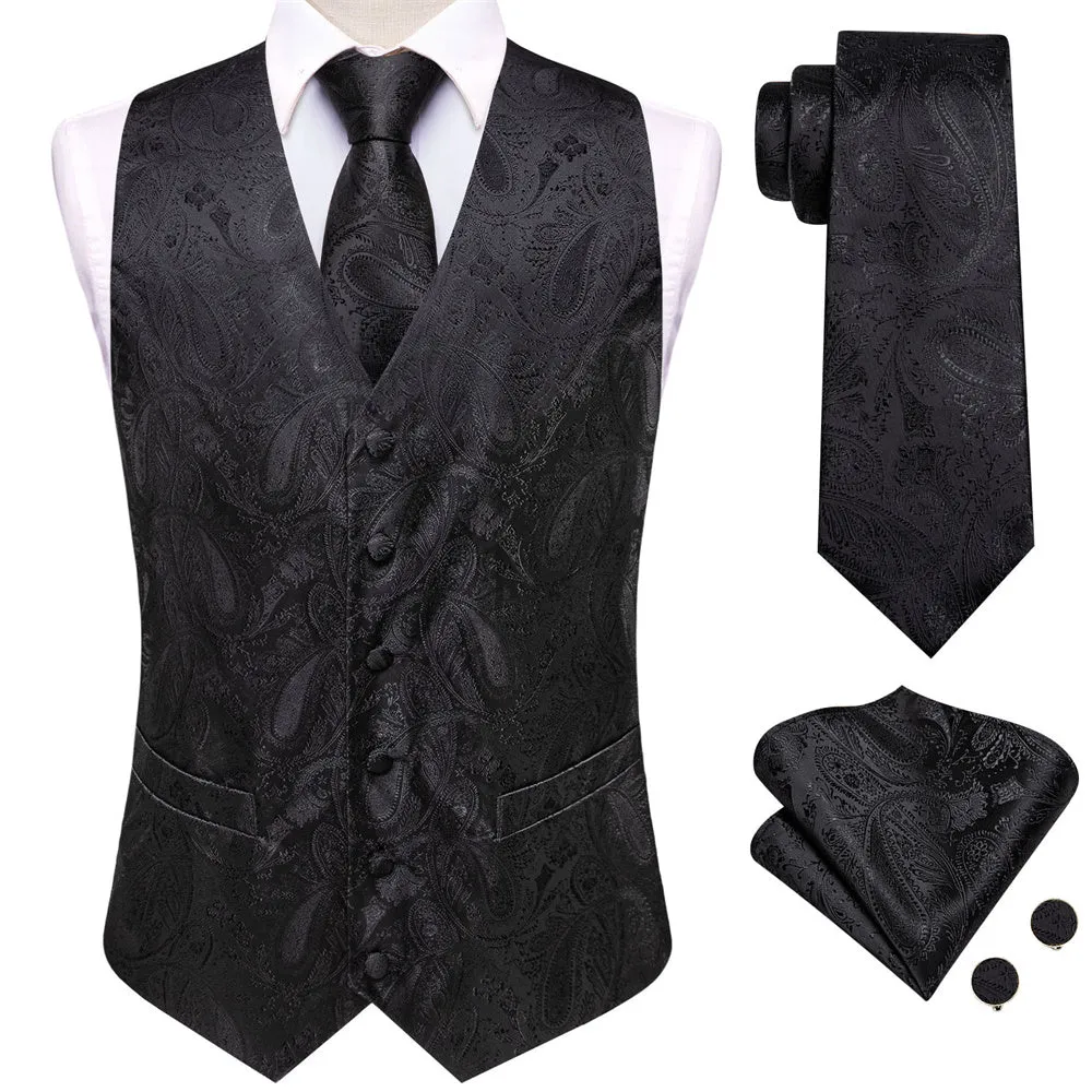 Ties2yo Black Paisley Pattern V-Neck Silk Vest Necktie Set sold by Ties2You