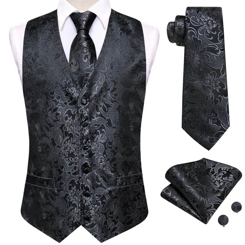 Ties2you Black Floral Pattern V-Neck Silk Vest Necktie Set sold by Ties2You