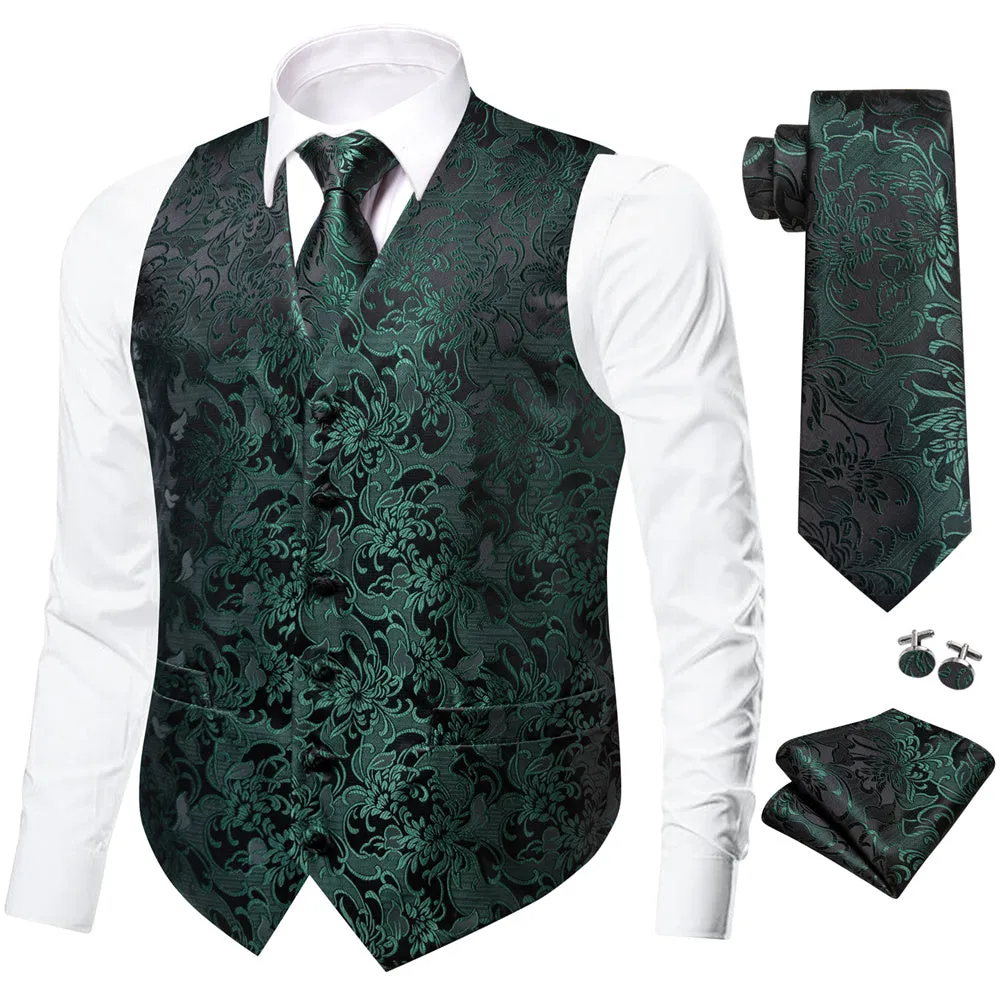 Ties2you Dark Green Floral Pattern V-Neck Silk Vest Necktie Set sold by Ties2You product image thumbnail 5