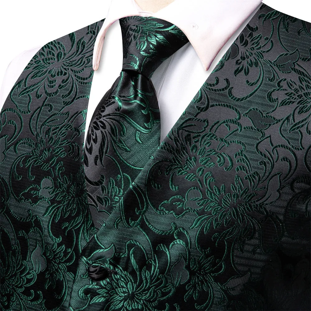Ties2you Dark Green Floral Pattern V-Neck Silk Vest Necktie Set sold by Ties2You product image thumbnail 2