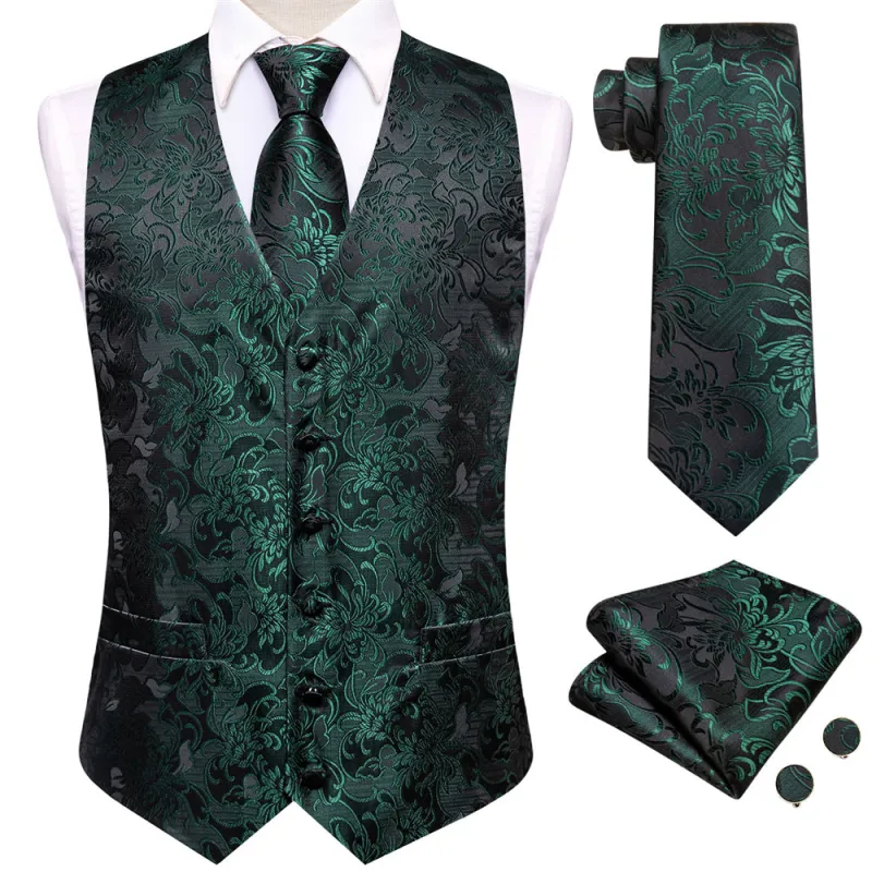 Ties2you Dark Green Floral Pattern V-Neck Silk Vest Necktie Set sold by Ties2You