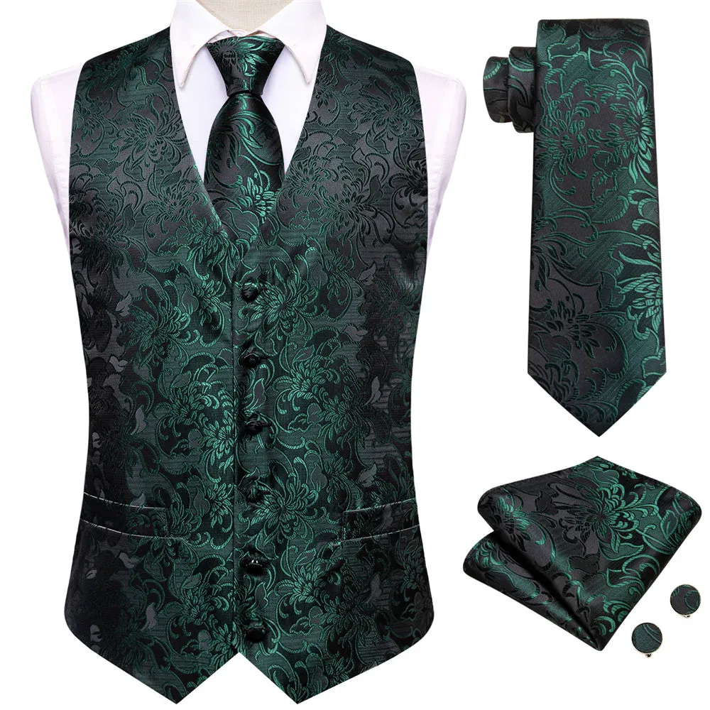 Ties2you Dark Green Floral Pattern V-Neck Silk Vest Necktie Set sold by Ties2You