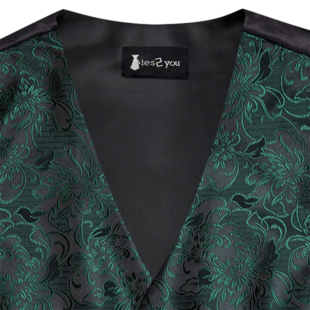 Ties2you Dark Green Floral Pattern V-Neck Silk Vest Necktie Set sold by Ties2You product image thumbnail 4