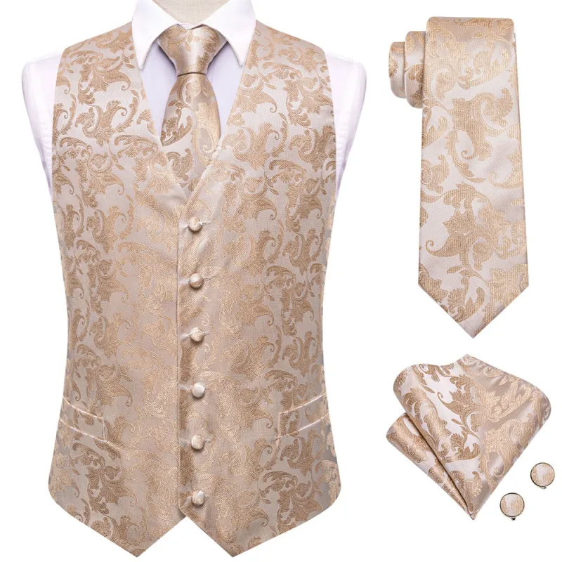 Ties2you Champagne Floral Pattern V-Neck Silk Vest Necktie Set sold by Ties2You
