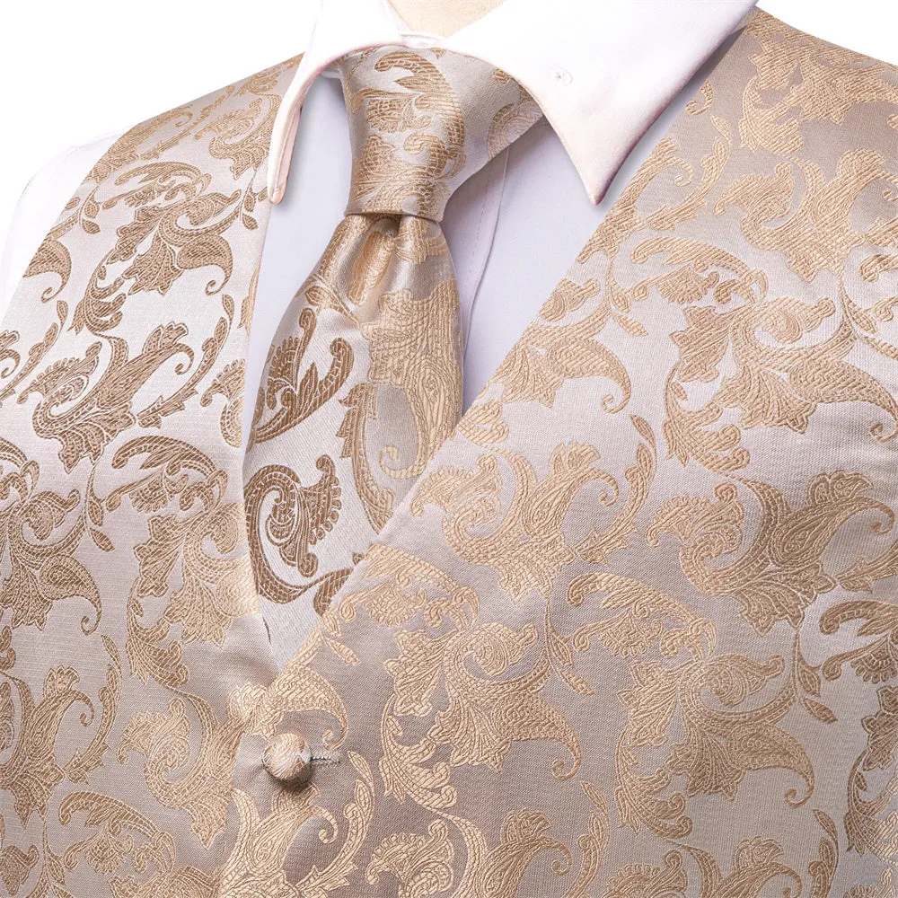 Ties2you Champagne Floral Pattern V-Neck Silk Vest Necktie Set sold by Ties2You product image thumbnail 2