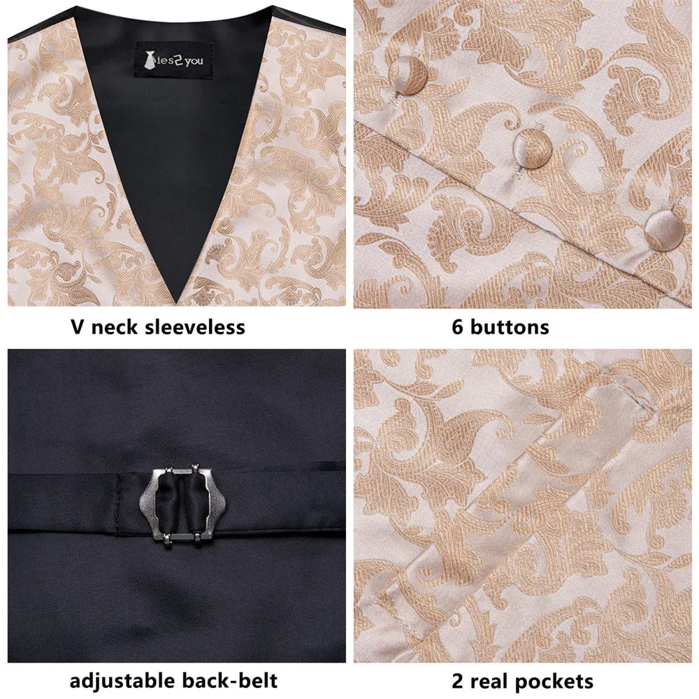 Ties2you Champagne Floral Pattern V-Neck Silk Vest Necktie Set sold by Ties2You product image thumbnail 4