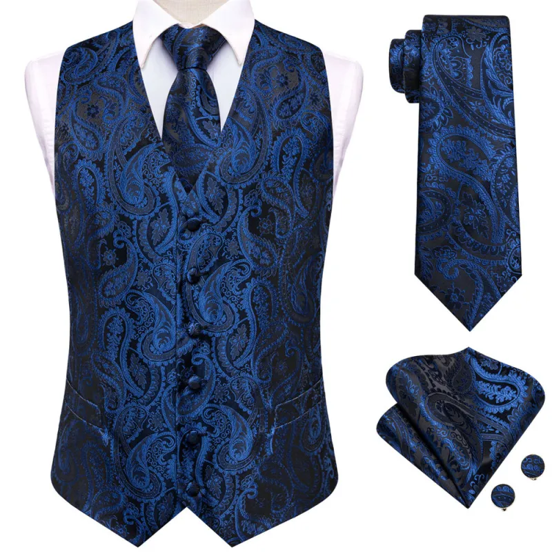 Ties2you Blue Paisley Pattern V-Neck Silk Vest Necktie Set sold by Ties2You