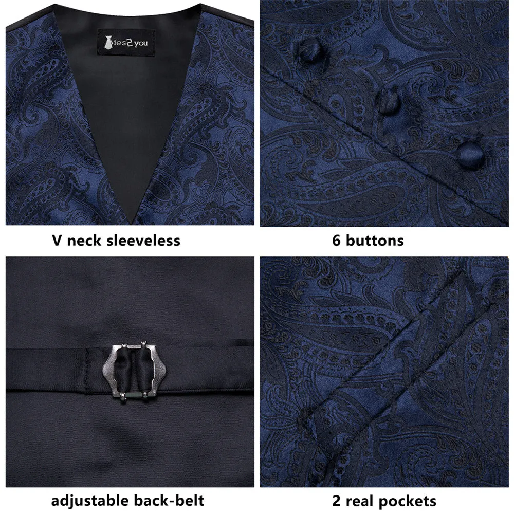 Ties2you Dark Midnight-Blue Paisley Pattern V-Neck Silk Vest Necktie Set sold by Ties2You product image thumbnail 4