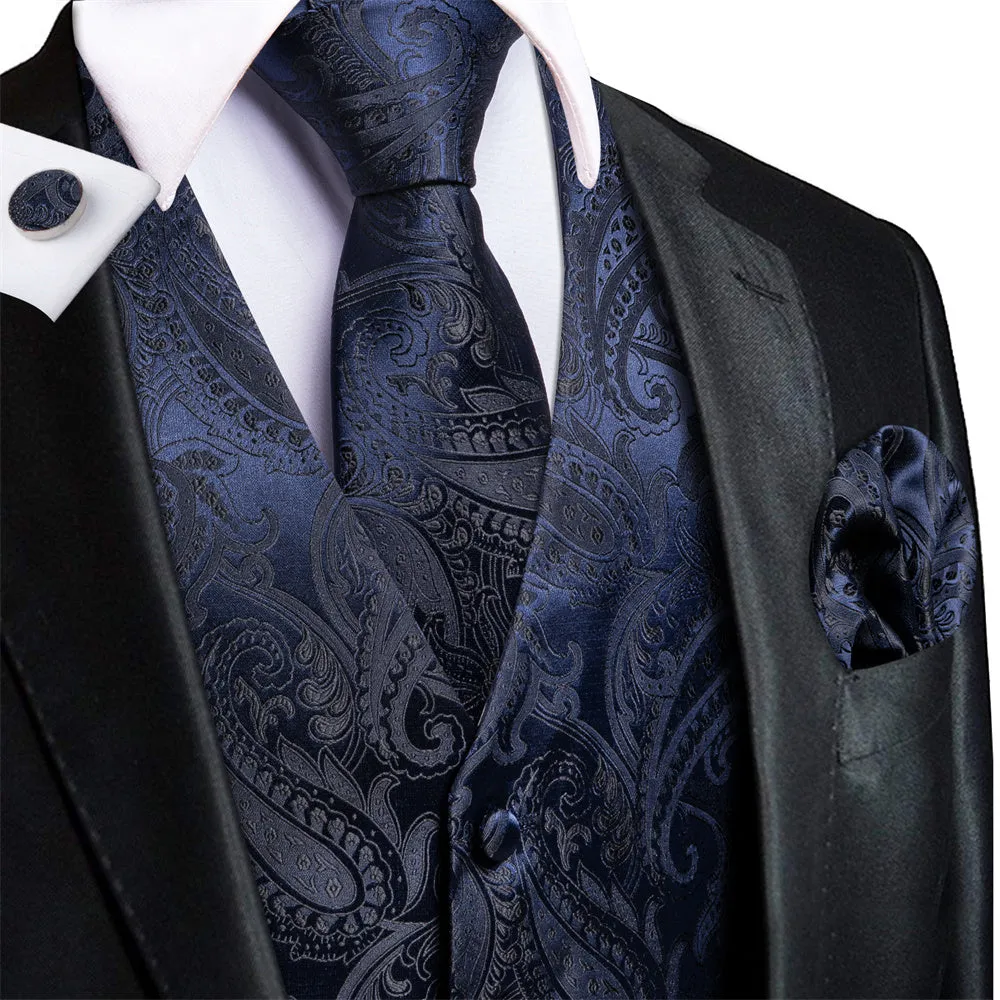 Ties2you Dark Midnight-Blue Paisley Pattern V-Neck Silk Vest Necktie Set sold by Ties2You product image thumbnail 3