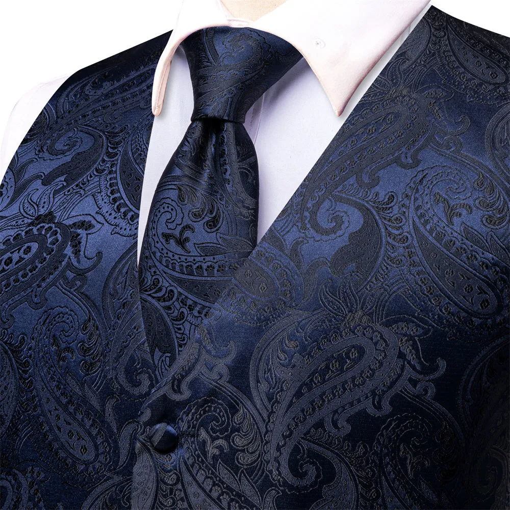 Ties2you Dark Midnight-Blue Paisley Pattern V-Neck Silk Vest Necktie Set sold by Ties2You product image thumbnail 5