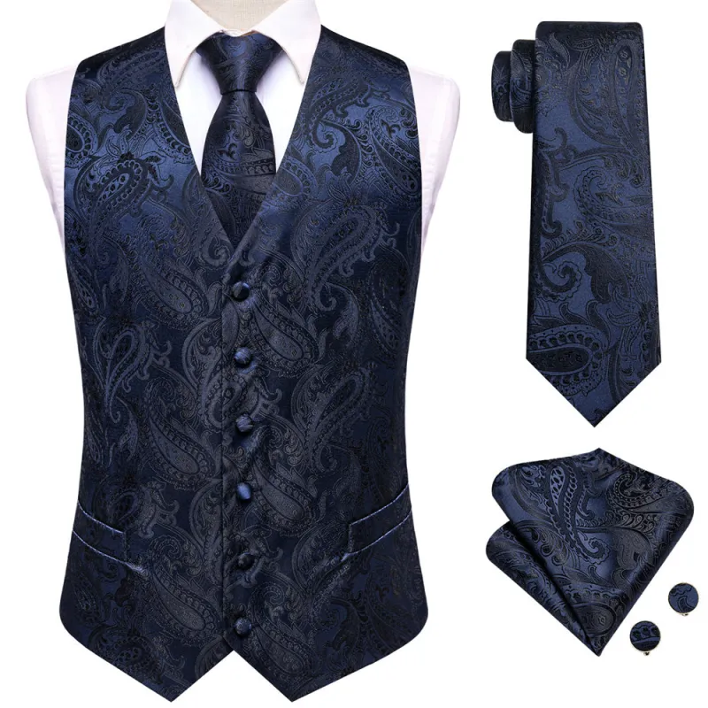Ties2you Dark Midnight-Blue Paisley Pattern V-Neck Silk Vest Necktie Set sold by Ties2You