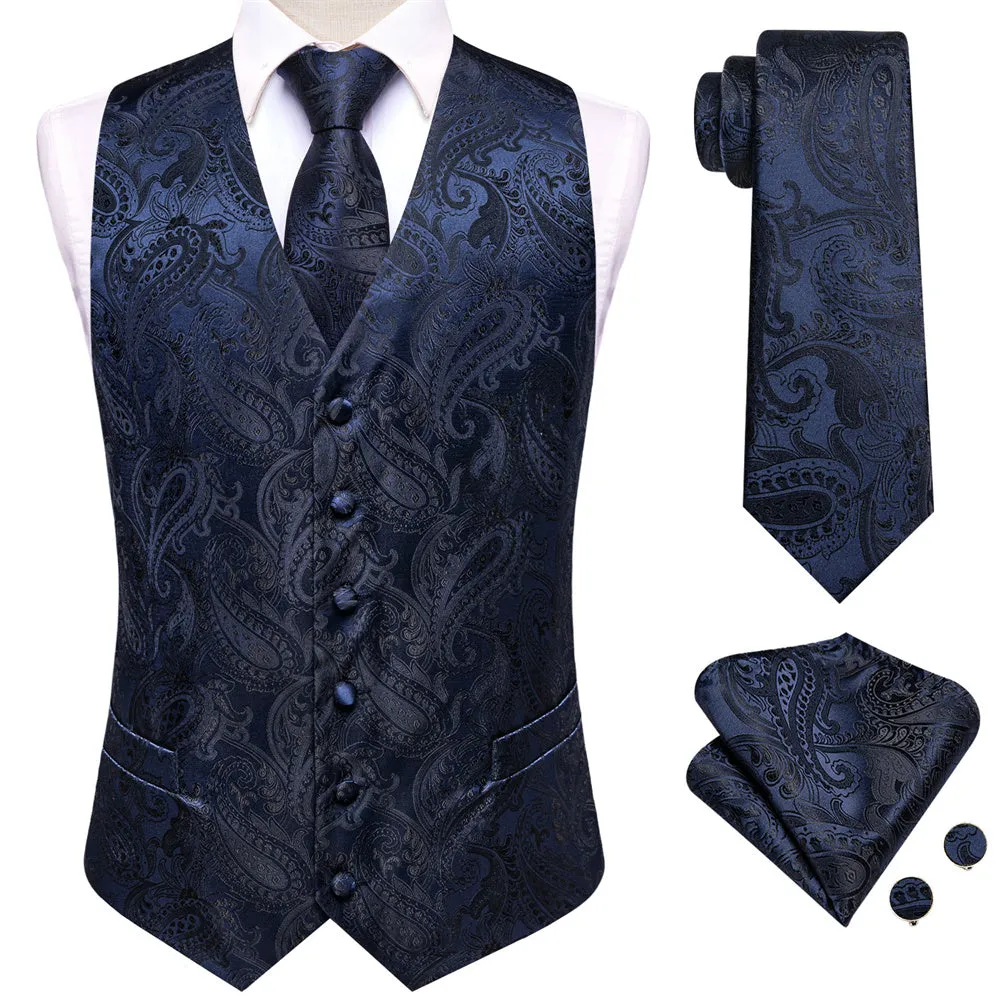 Ties2you Dark Midnight-Blue Paisley Pattern V-Neck Silk Vest Necktie Set sold by Ties2You