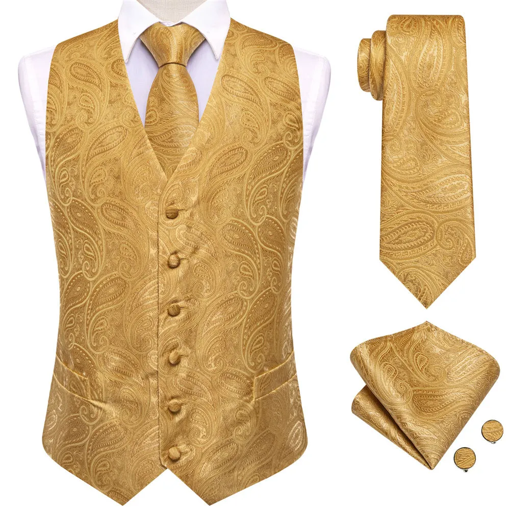 Ties2you Golden Paisley Pattern V-Neck Silk Vest Necktie Set sold by Ties2You