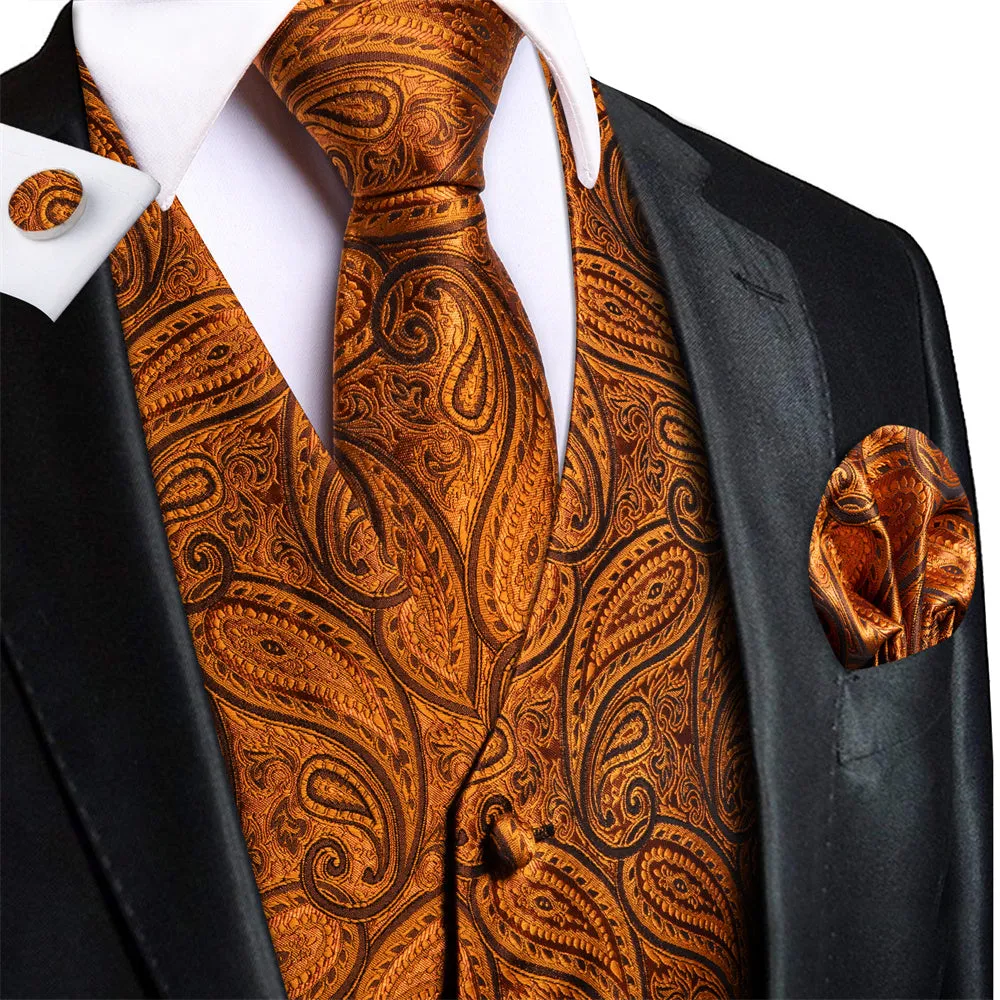 Ties2you Golden Brown Paisley Pattern V-Neck Silk Vest Necktie Set sold by Ties2You product image thumbnail 4
