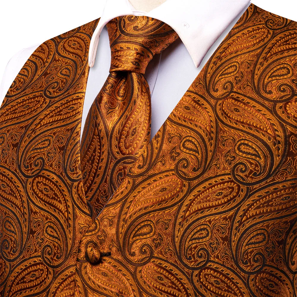 Ties2you Golden Brown Paisley Pattern V-Neck Silk Vest Necktie Set sold by Ties2You product image thumbnail 3