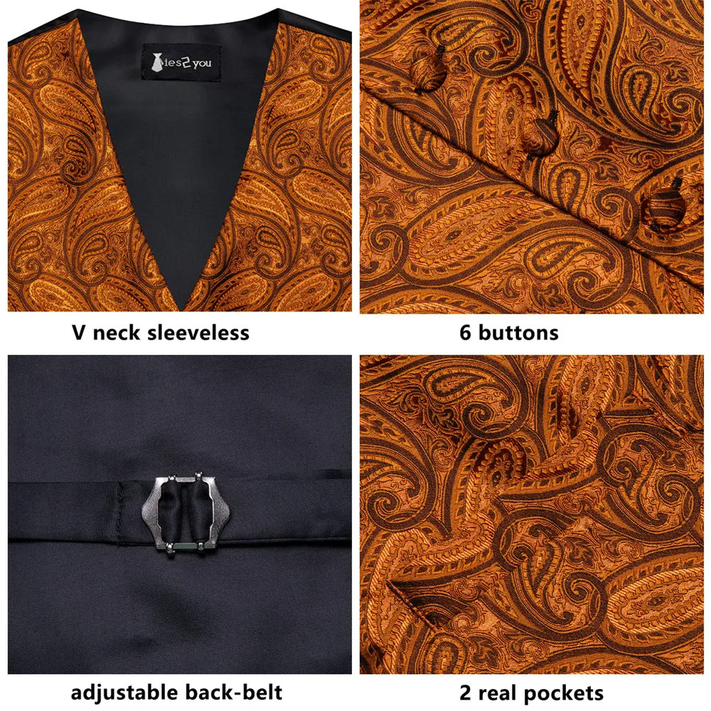 Ties2you Golden Brown Paisley Pattern V-Neck Silk Vest Necktie Set sold by Ties2You product image thumbnail 2