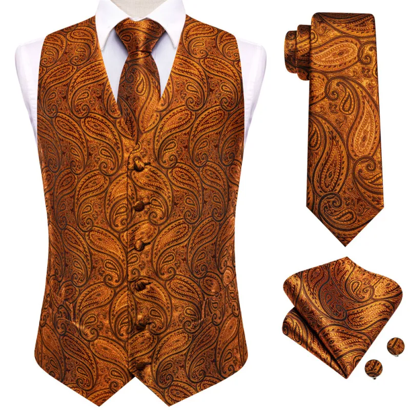 Ties2you Golden Brown Paisley Pattern V-Neck Silk Vest Necktie Set sold by Ties2You