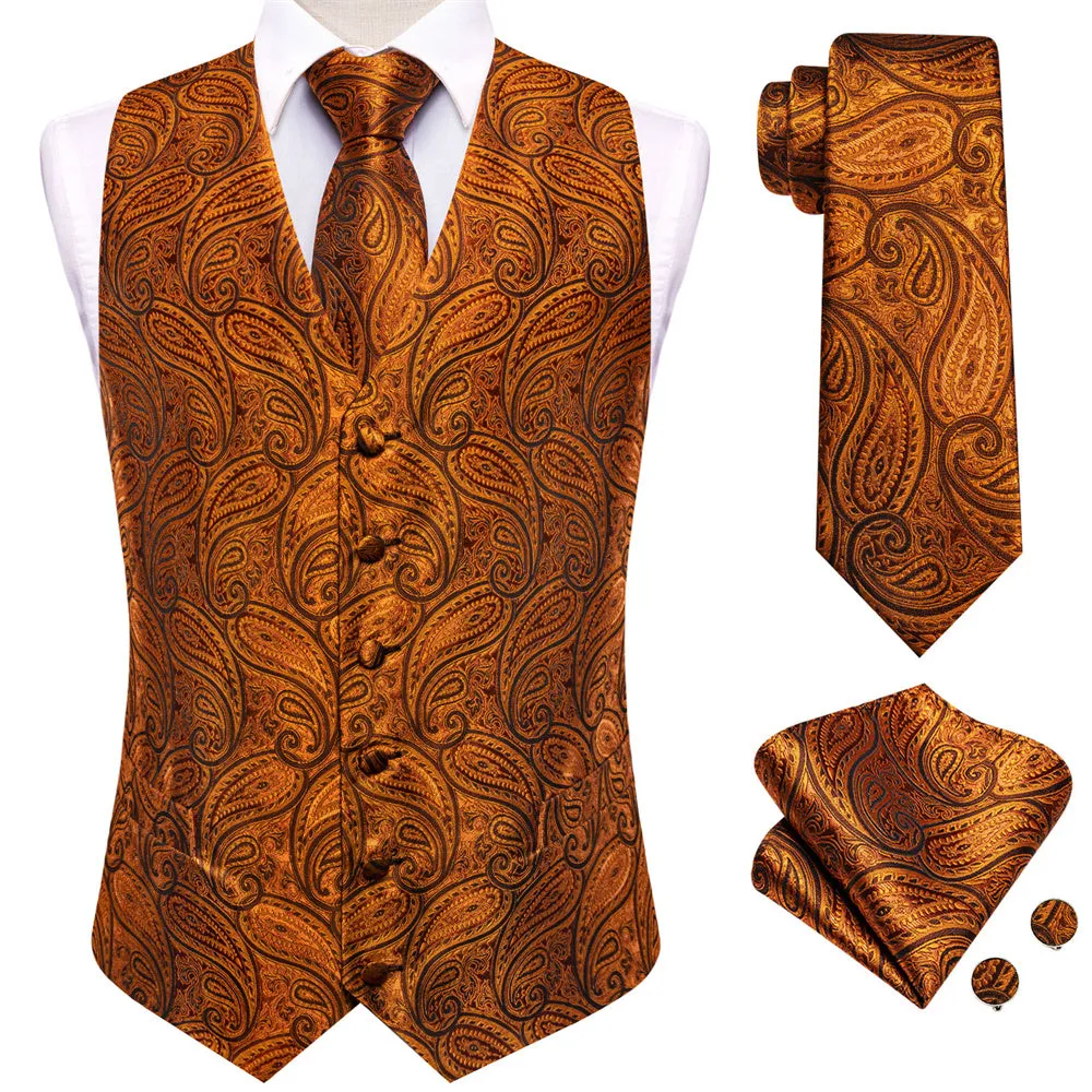Ties2you Golden Brown Paisley Pattern V-Neck Silk Vest Necktie Set sold by Ties2You