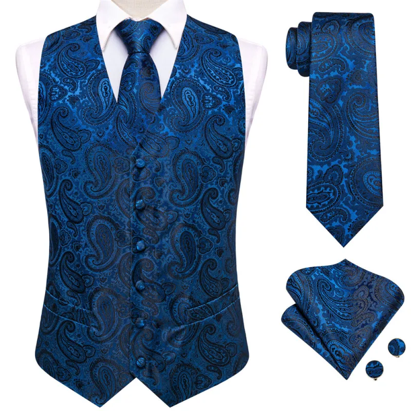 Ties2you Dark Blue Paisley Pattern V-Neck Silk Vest Necktie Set sold by Ties2You