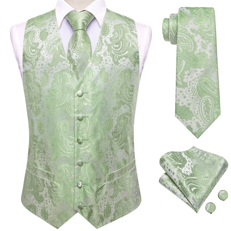 Ties2you Silver Light Green Paisley Pattern V-Neck Silk Vest Necktie Set sold by Ties2You