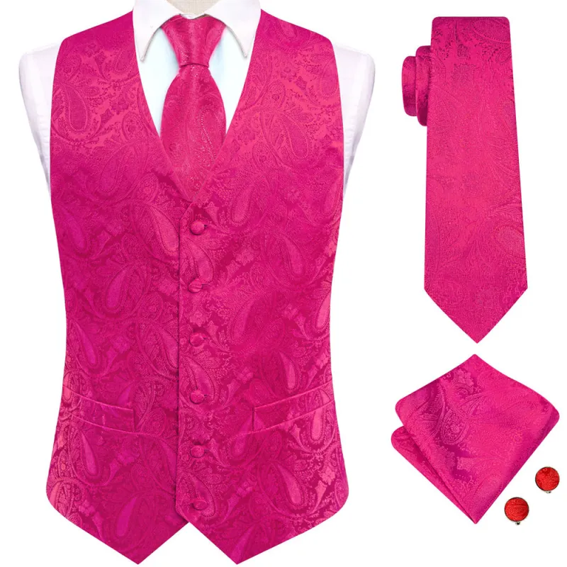 Ties2you Rose Red Paisley Pattern V-Neck Silk Vest Necktie Set sold by Ties2You
