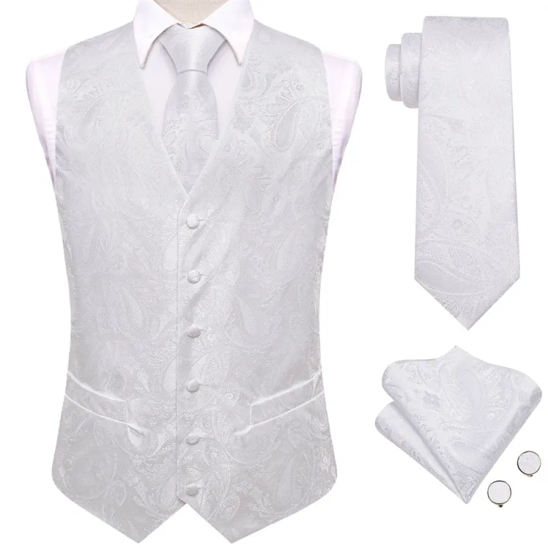 Ties2you White Paisley Pattern V-Neck Silk Vest Necktie Set sold by Ties2You