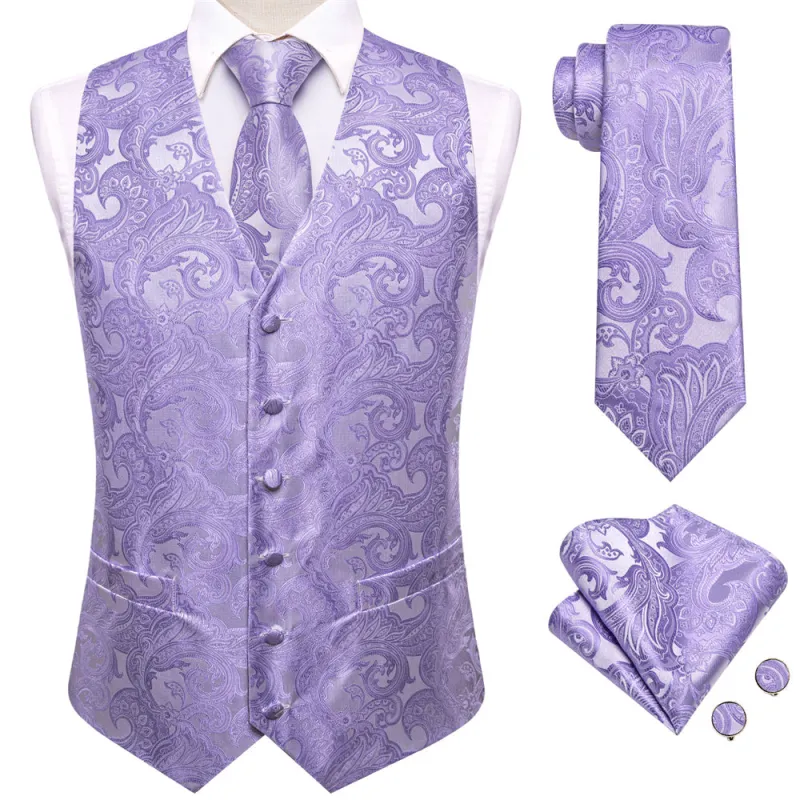 Ties2you Light Purple Paisley Pattern V-Neck Silk Vest Necktie Set sold by Ties2You