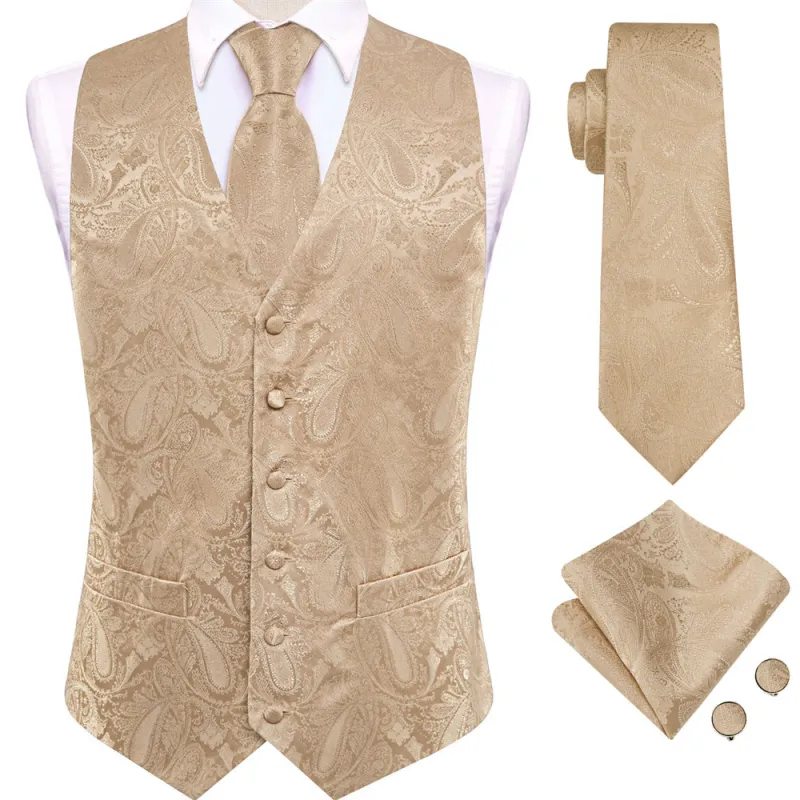Ties2you Champagne Paisley Pattern V-Neck Silk Vest Necktie Set sold by Ties2You