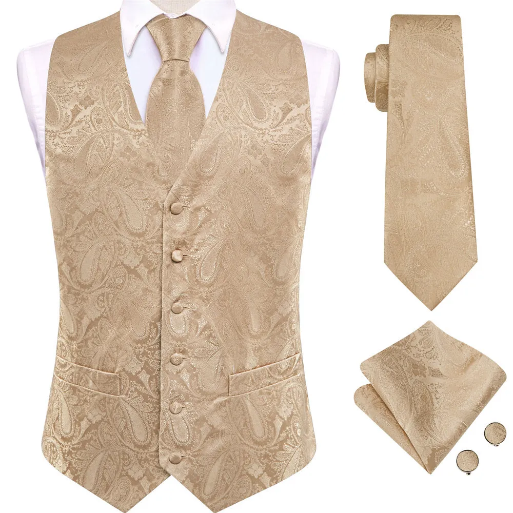 Ties2you Champagne Paisley Pattern V-Neck Silk Vest Necktie Set sold by Ties2You