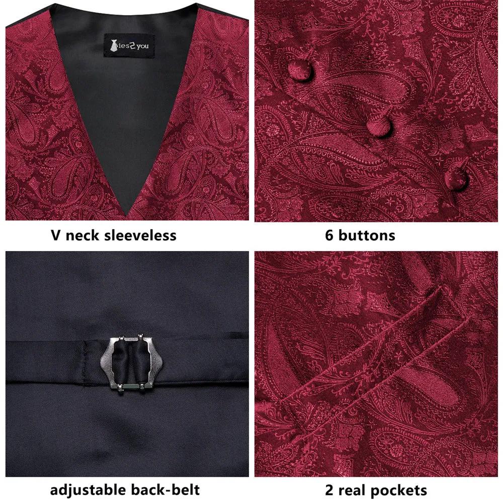 Ties2you Burgundy Paisley Pattern V-Neck Silk Vest Necktie Set sold by Ties2You product image thumbnail 4