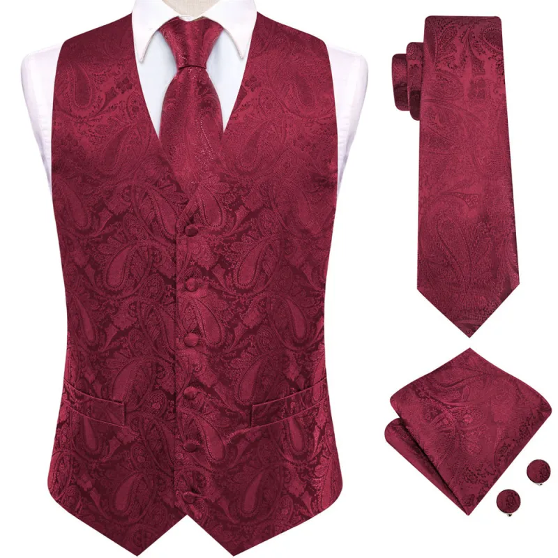 Ties2you Burgundy Paisley Pattern V-Neck Silk Vest Necktie Set sold by Ties2You