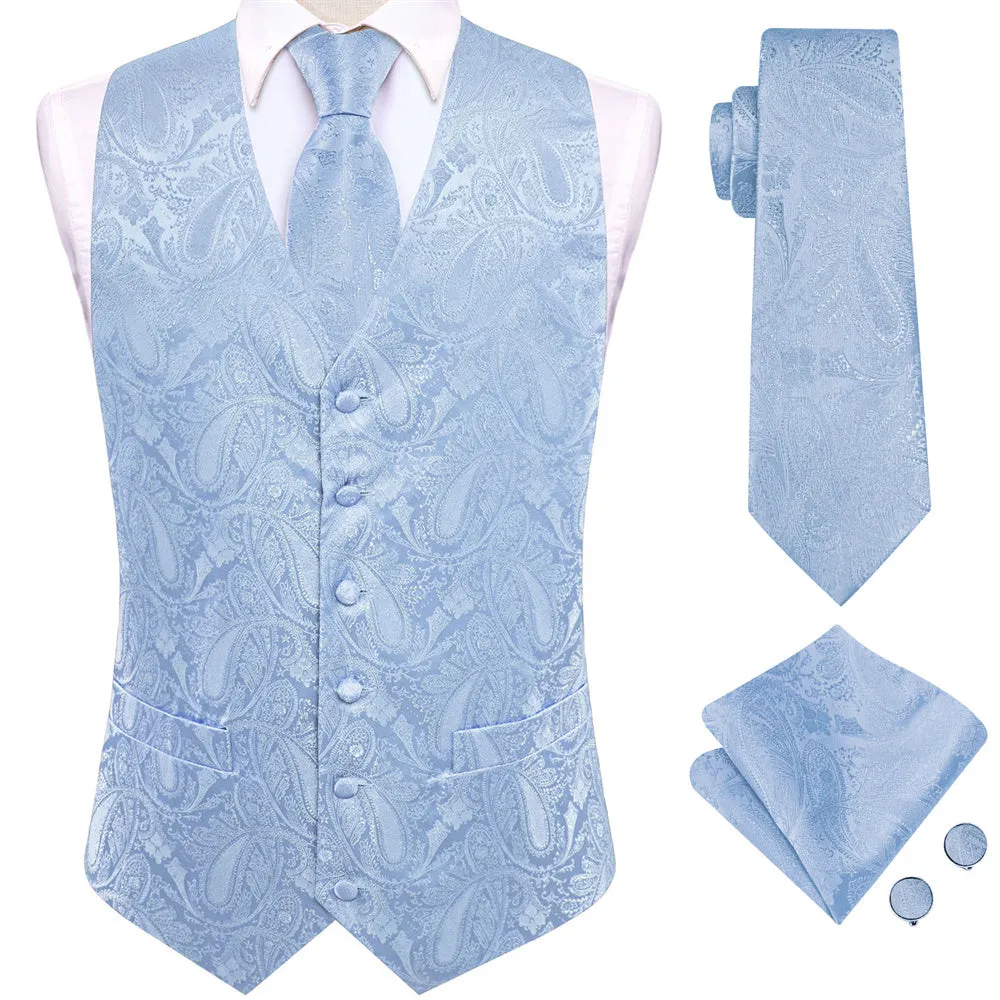 Ties2you Light Blue Paisley Pattern V-Neck Silk Vest Necktie Set sold by Ties2You