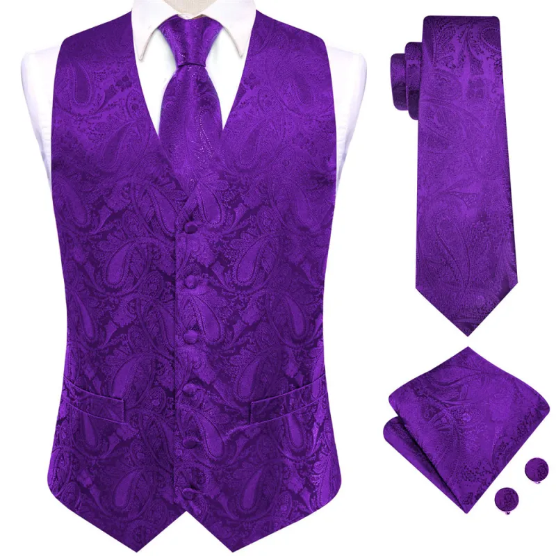 Ties2you Purple Paisley Pattern V-Neck Silk Vest Necktie Set sold by Ties2You