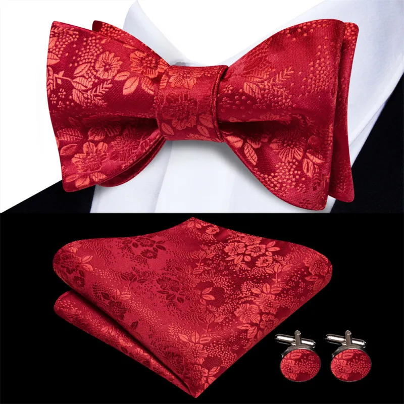 Ties2you Red Paisley Self-tied Bow Tie Pocket Square Cufflinks Set sold by Ties2You