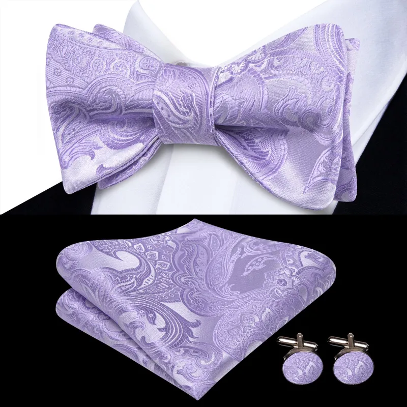 Ties2you Light Purple Paisley Self-tied Bow Tie Pocket Square Cufflinks Set sold by Ties2You