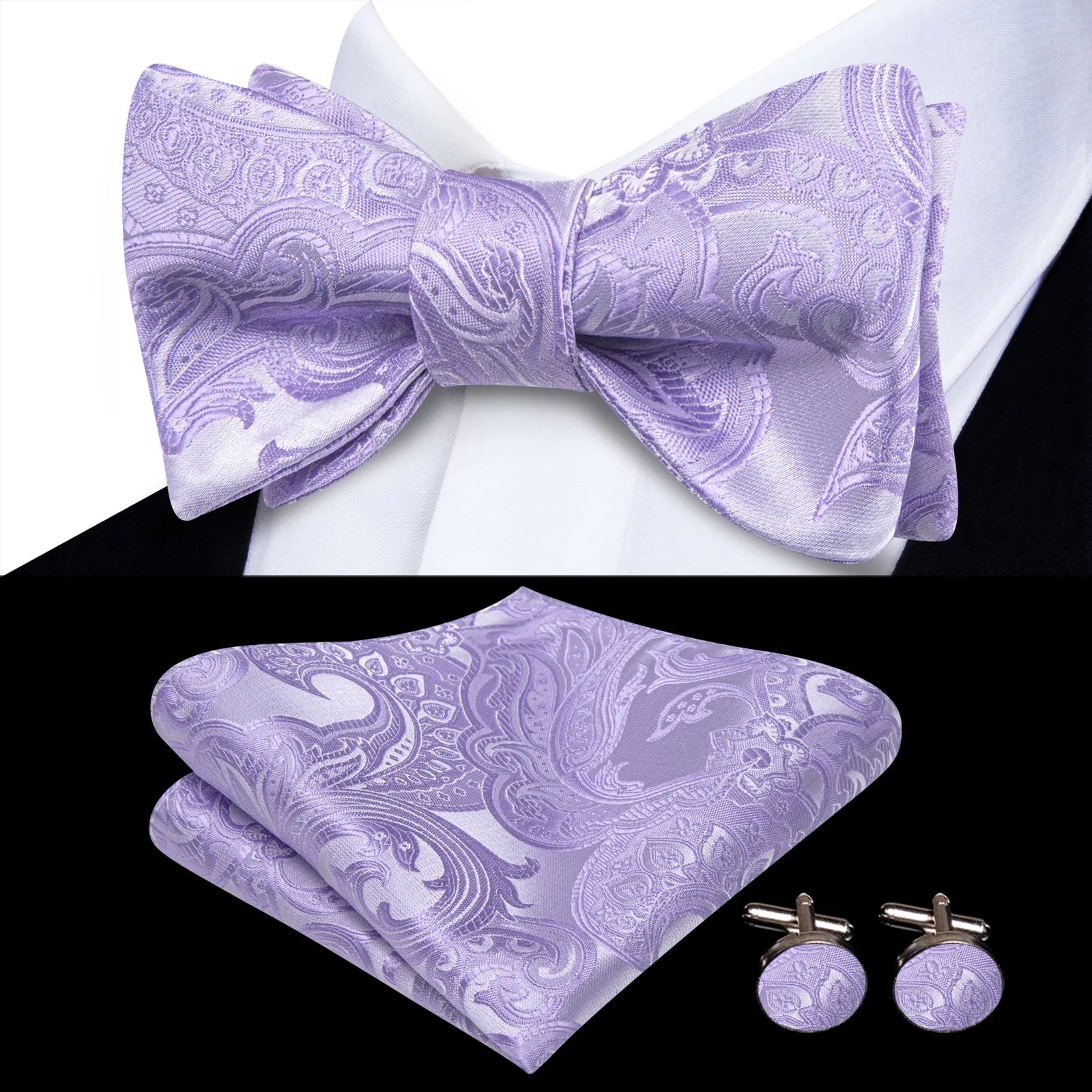 Ties2you Light Purple Paisley Self-tied Bow Tie Pocket Square Cufflinks Set sold by Ties2You