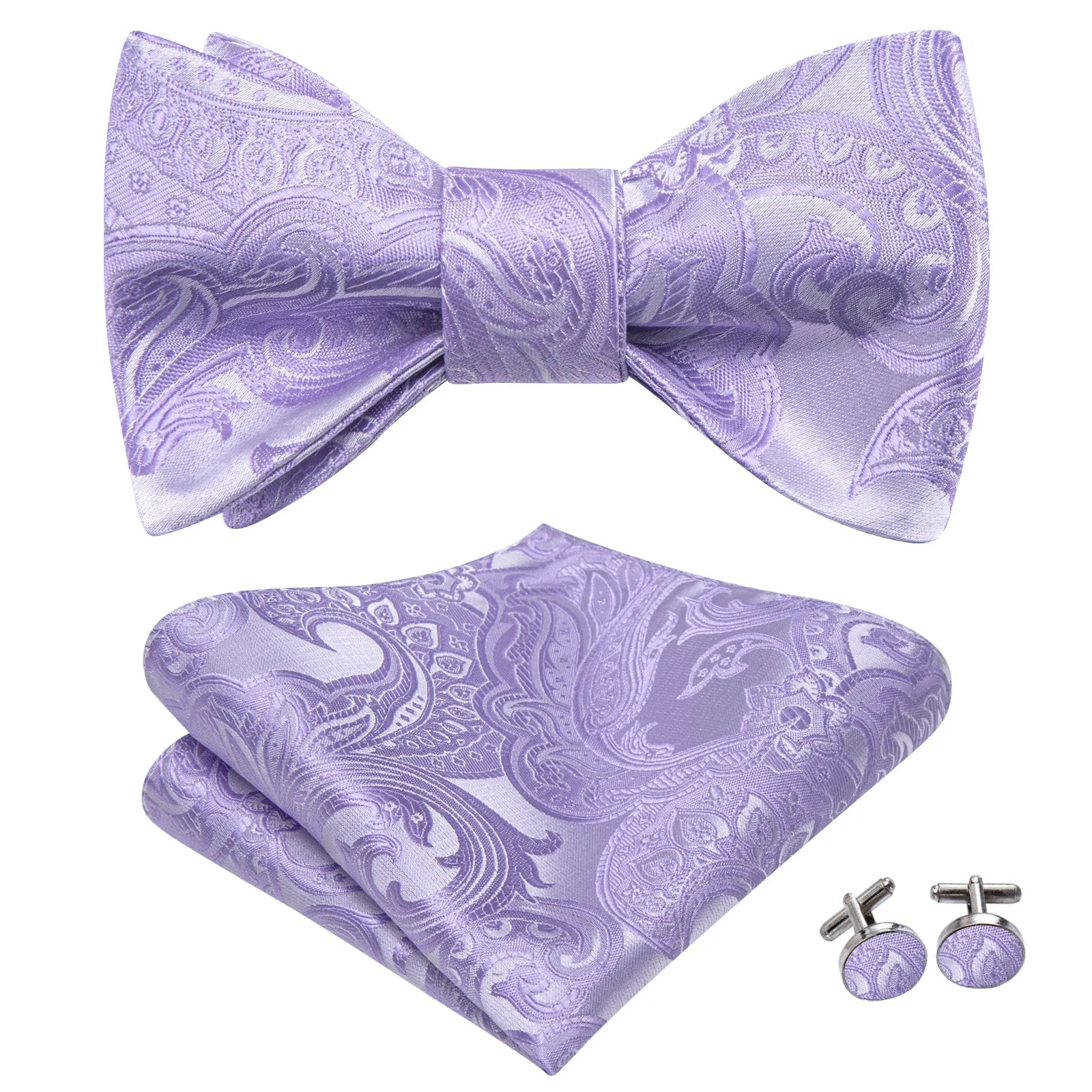 Ties2you Light Purple Paisley Self-tied Bow Tie Pocket Square Cufflinks Set sold by Ties2You product image thumbnail 3