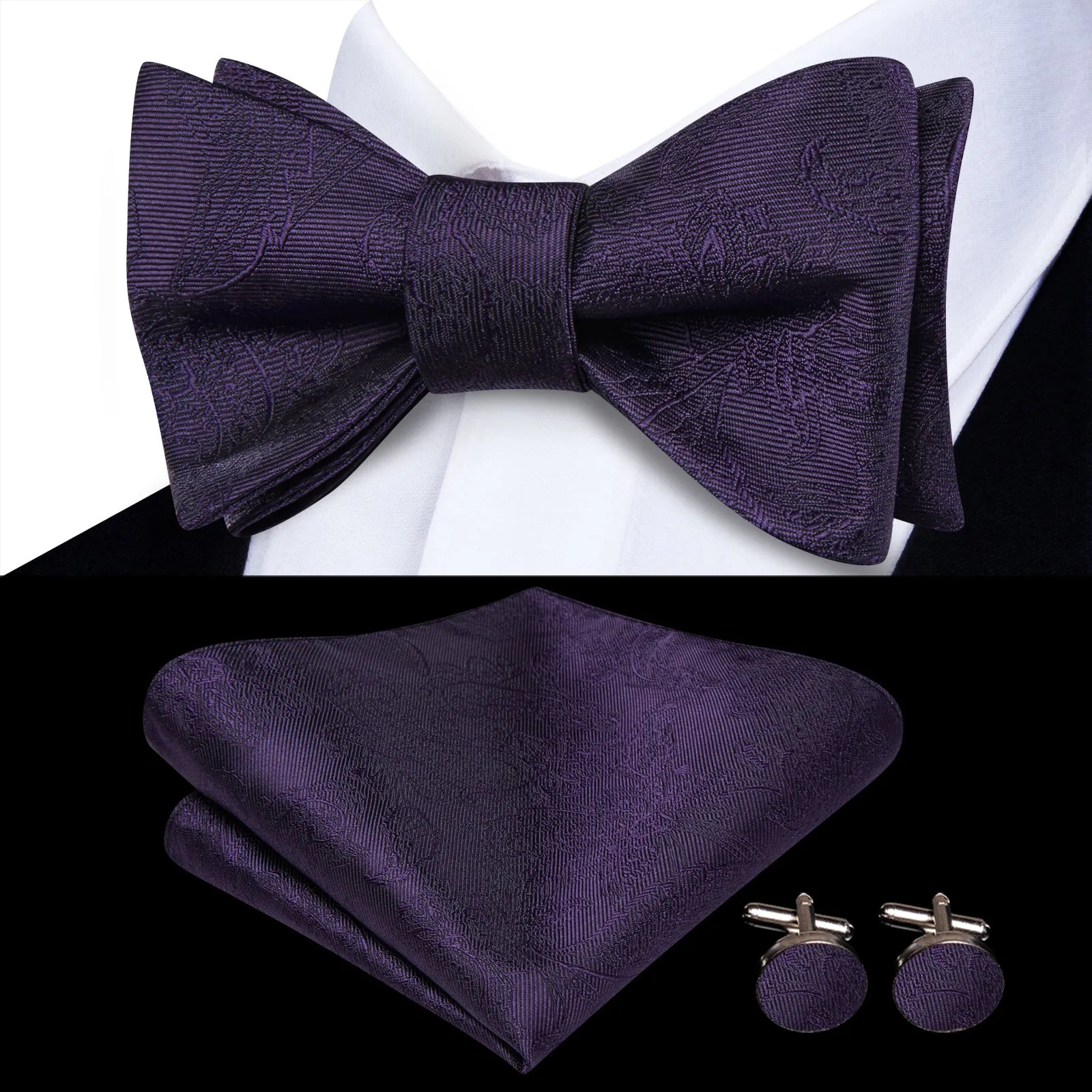Ties2you Dark Purple Floral Self-tied Bow Tie Pocket Square Cufflinks Set sold by Ties2You