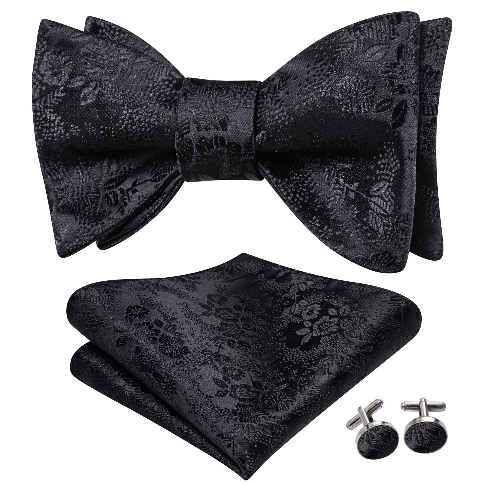 Ties2you Black Floral Self-tied Bow Tie Pocket Square Cufflinks Set sold by Ties2You product image thumbnail 2
