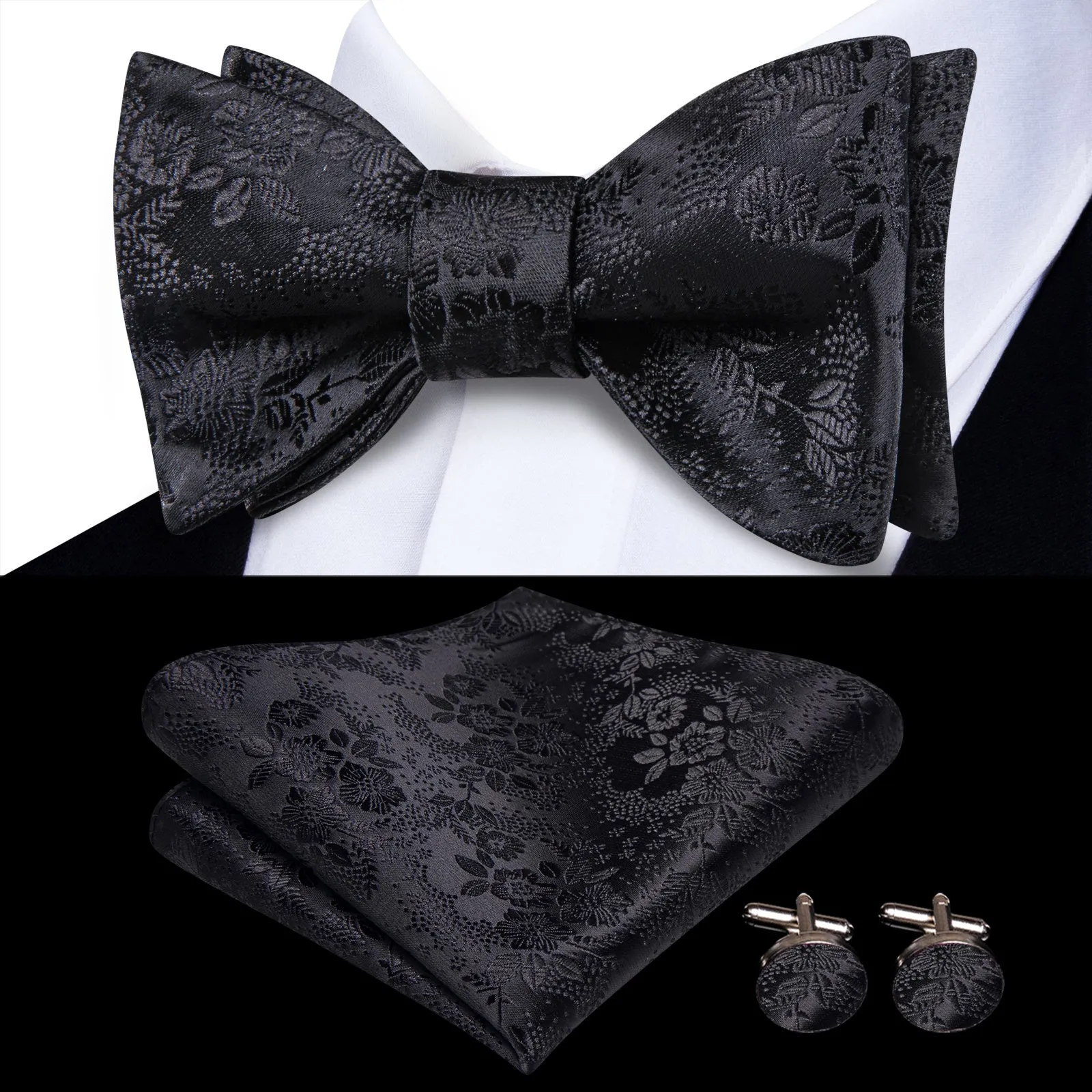 Ties2you Black Floral Self-tied Bow Tie Pocket Square Cufflinks Set sold by Ties2You