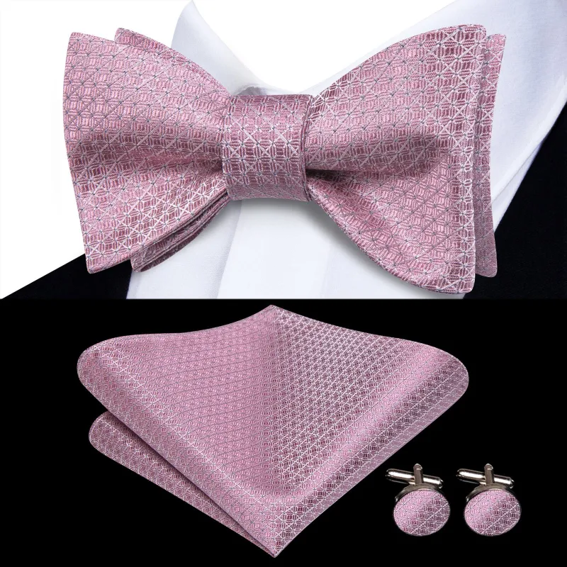 Ties2you Pink Geometric Self-tied Bow Tie Pocket Square Cufflinks Set sold by Ties2You