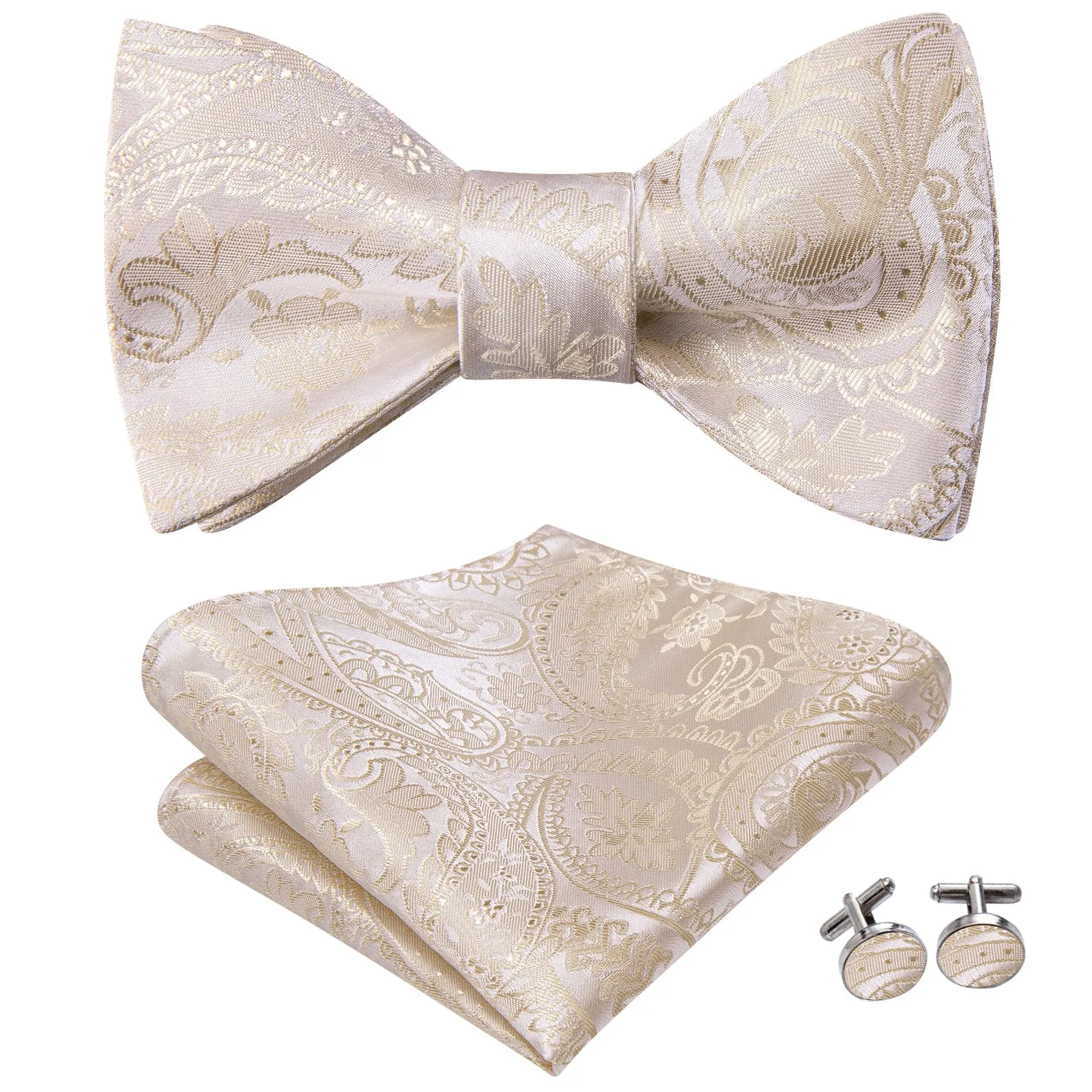 Ties2you Champagne Paisley Silk Self-tied Bow Tie Pocket Hanky Set sold by Ties2You product image thumbnail 2