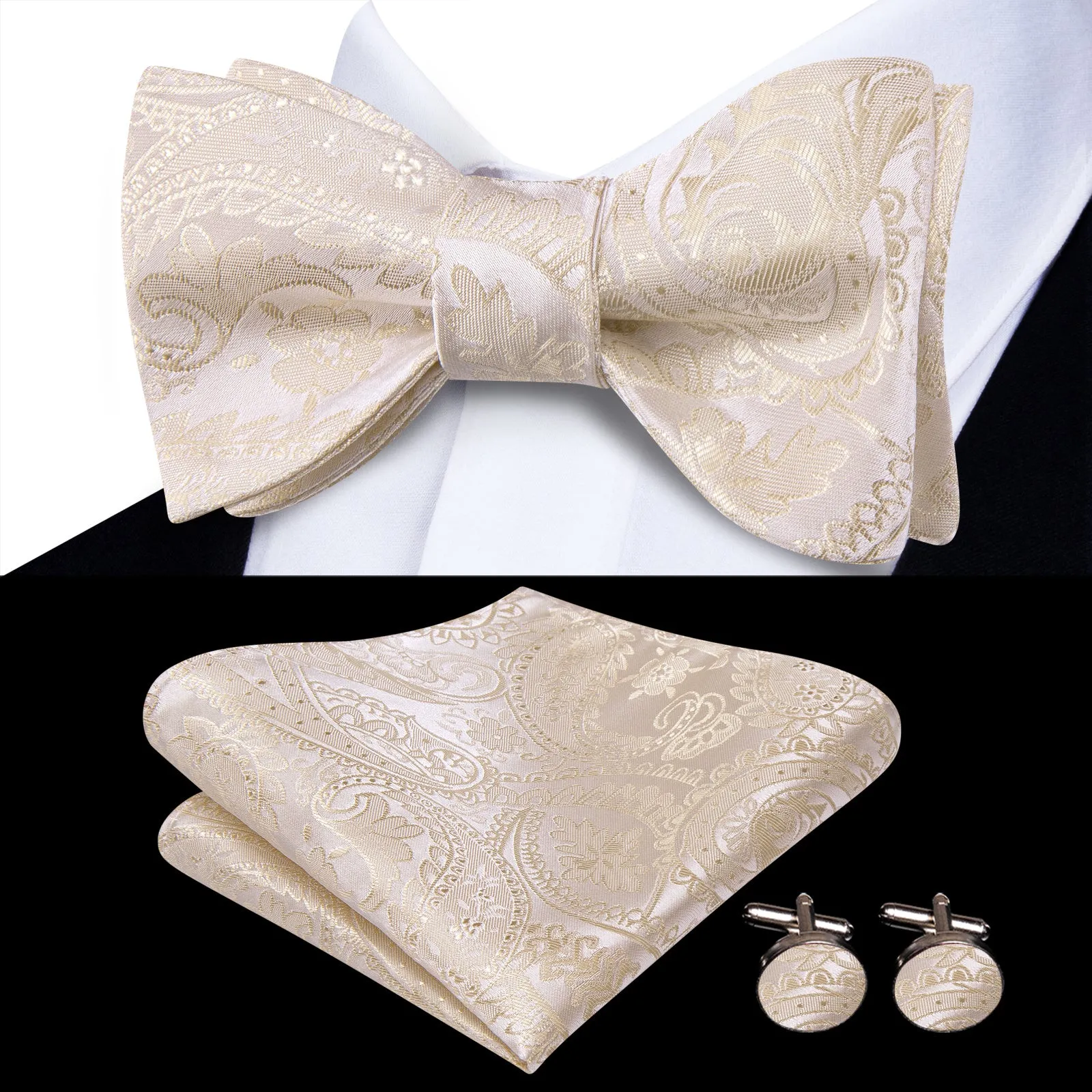 Ties2you Champagne Paisley Silk Self-tied Bow Tie Pocket Hanky Set sold by Ties2You