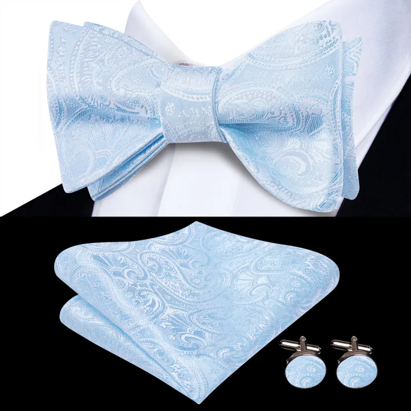 Ties2you Pale Sky Blue Paisley Silk Self-tied Bow Tie Pocket Square Cufflinks Set sold by Ties2You