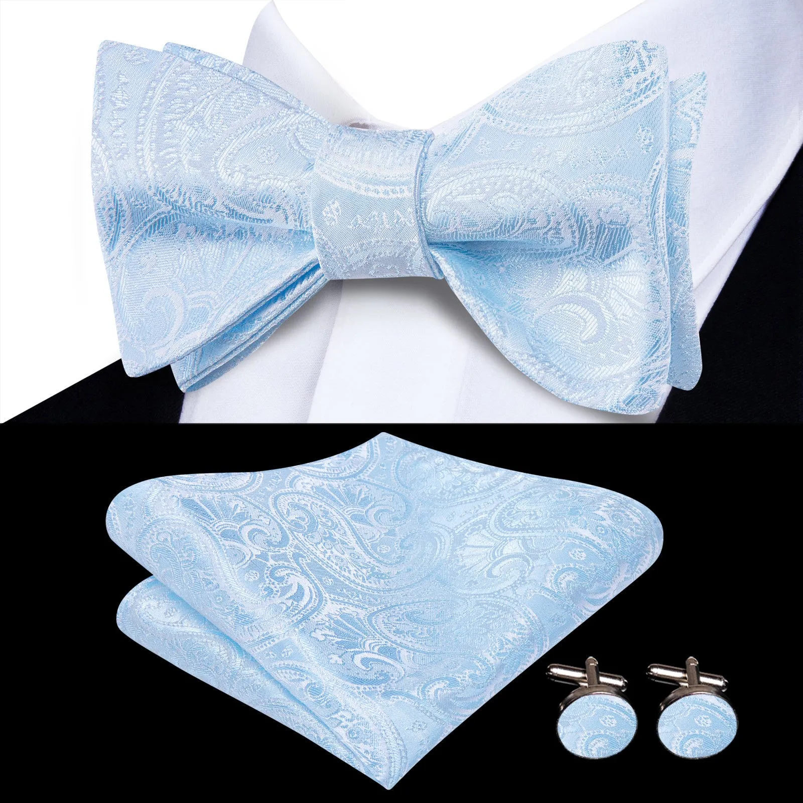 Ties2you Pale Sky Blue Paisley Silk Self-tied Bow Tie Pocket Square Cufflinks Set sold by Ties2You