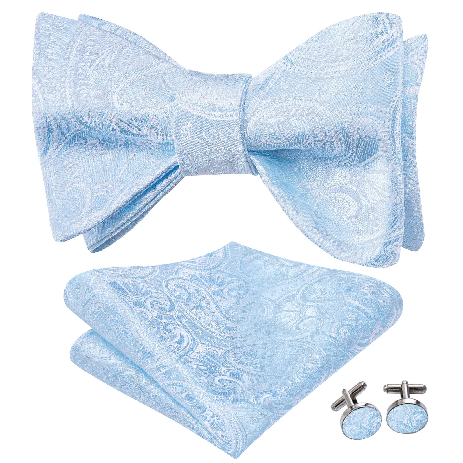 Ties2you Pale Sky Blue Paisley Silk Self-tied Bow Tie Pocket Square Cufflinks Set sold by Ties2You product image thumbnail 2