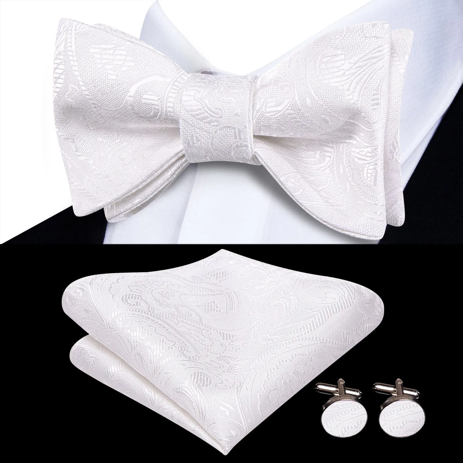 Ties2you White Floral Self-tied Bow Tie Pocket Square Cufflinks Set sold by Ties2You