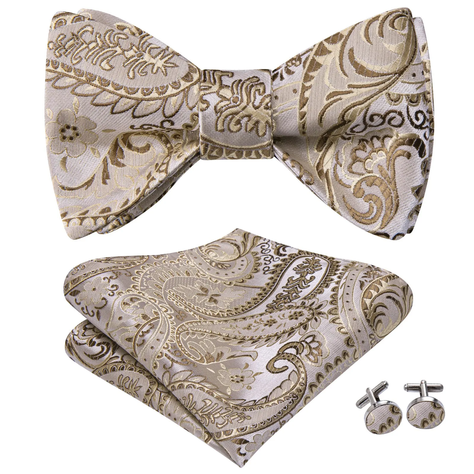 Ties2you Silver Champagne Paisley Self-tied Bow Tie Pocket Square Cufflinks Set sold by Ties2You product image thumbnail 2
