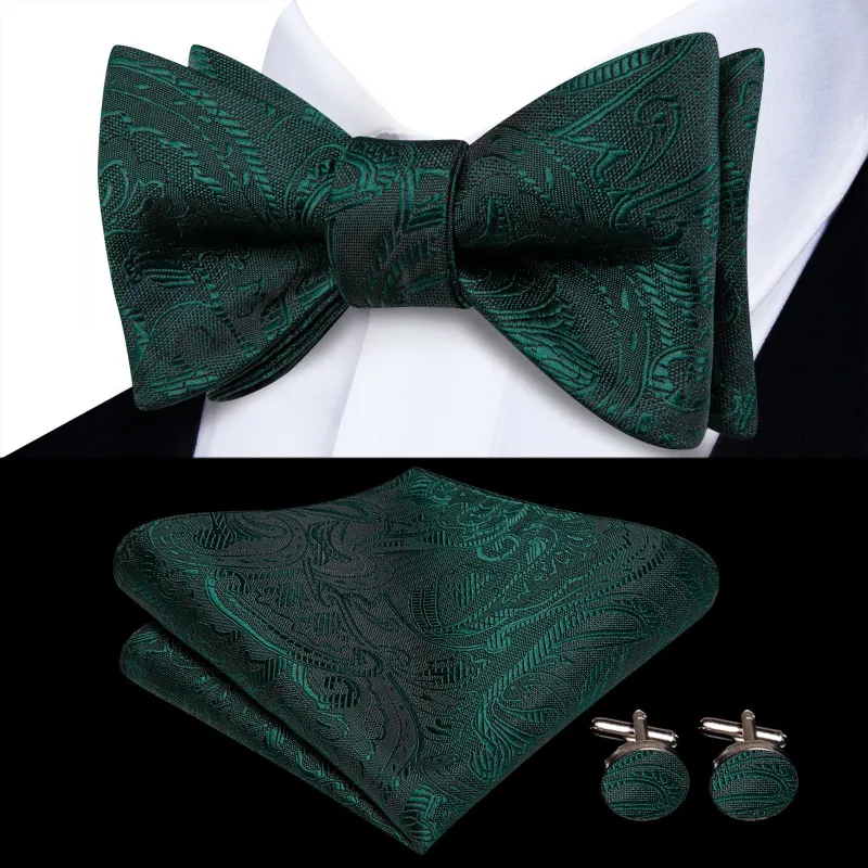Ties2you Hunter Green Floral Self-tied Bow Tie Pocket Square Cufflinks Set sold by Ties2You