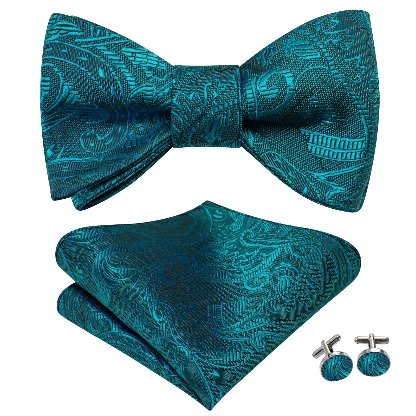 Ties2you Teal Blue Floral Self-tied Bow Tie Pocket Square Cufflinks Set sold by Ties2You product image thumbnail 2